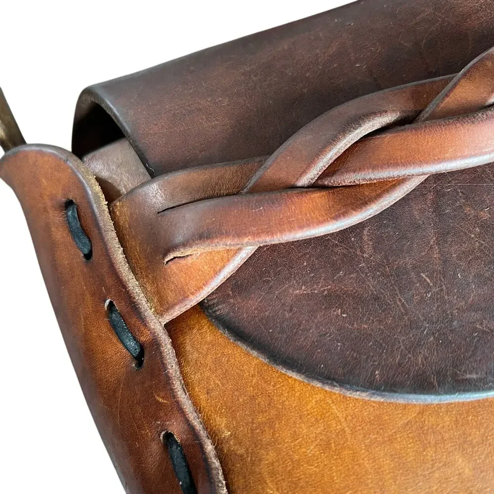 Vintage Brown Leather Shoulder Bag Braided Strap Boho Hippie